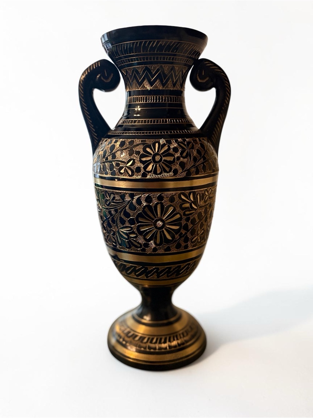 Hand-Etched Black & Gold Vase Statement Planter Decorative Accent Decor 11.5 In